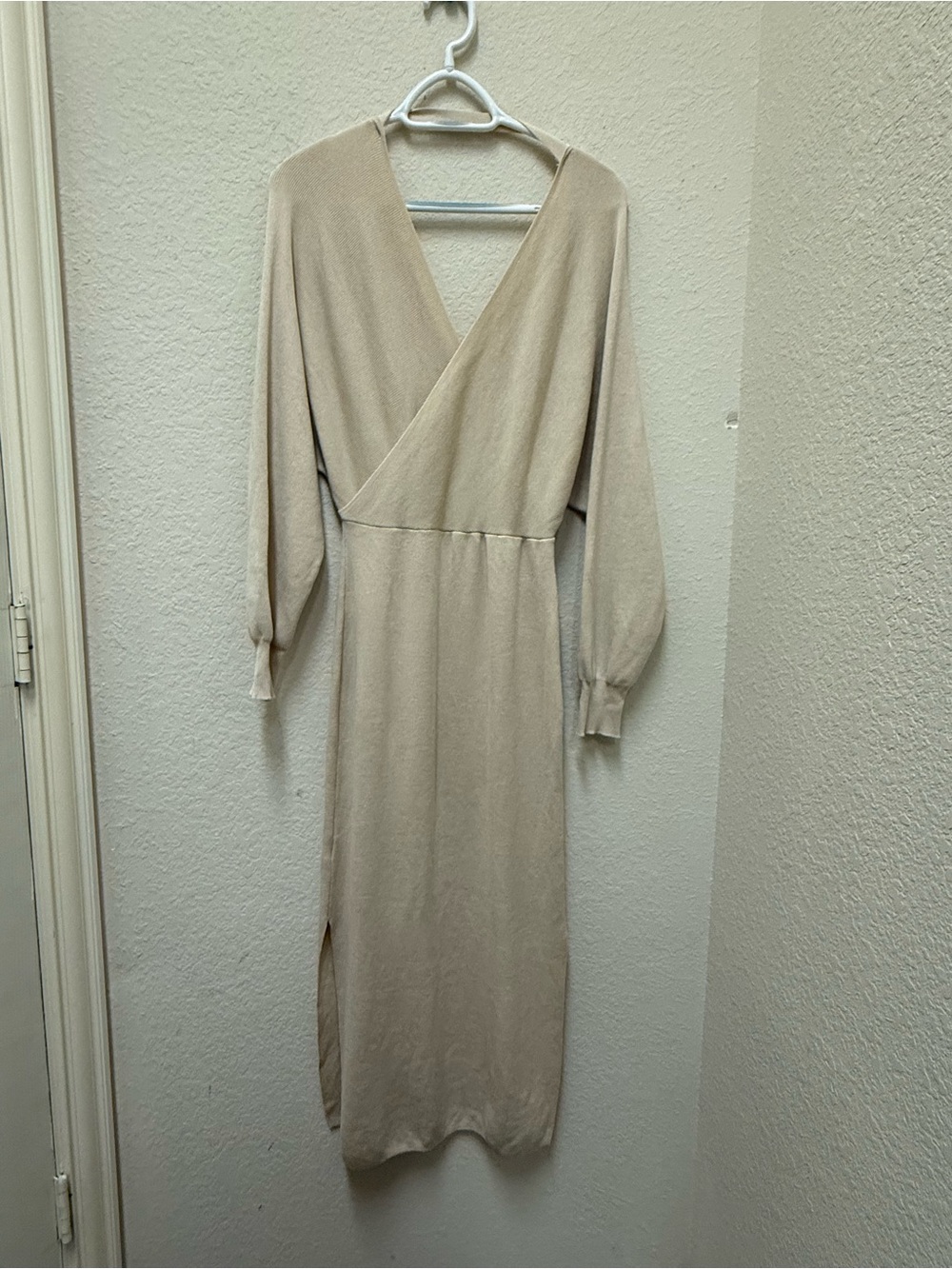 Sleek Cream Long-Sleeve Wrap Midi Dress